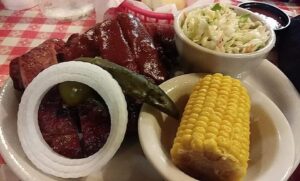 Combination BBQ platter at mesquite pit bbq in weatherford texas