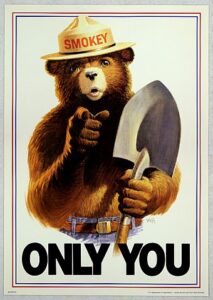 Image of Smokey the bear for fire precautions when to ensure camping safely 