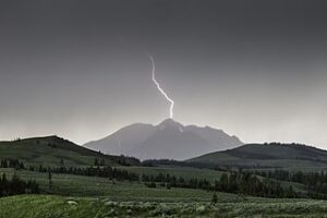 Thunderstorm and lightning strike at Yellowstone national park 