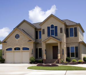 Typical 2 story American house in a neighborhood made of brick with an attached garage. Blue sky with puffy cloud above the home. 