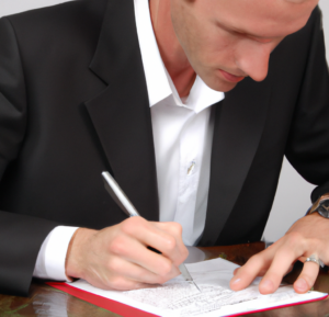 man reviewing and signing insurance papers 