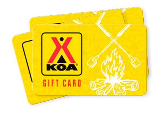 yellow koa gift cards with red lettering that states gift card with koa logo. There is a white image of a fire on the gift card