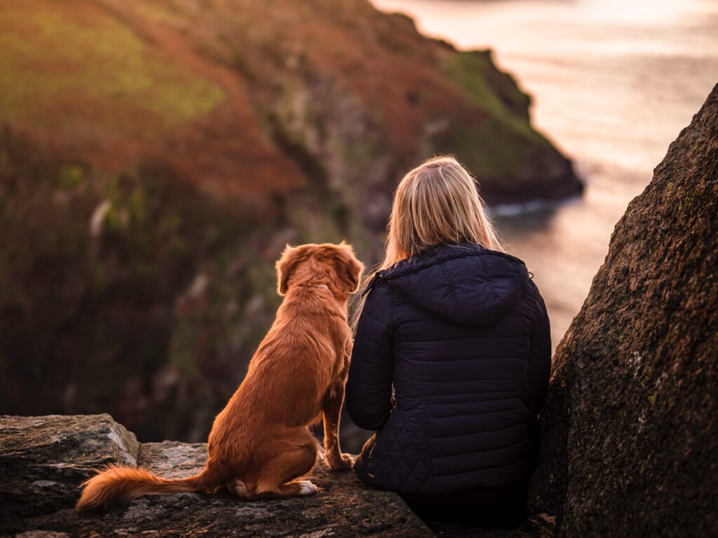 woman and a dog sitting on a rock at sunset looking over water