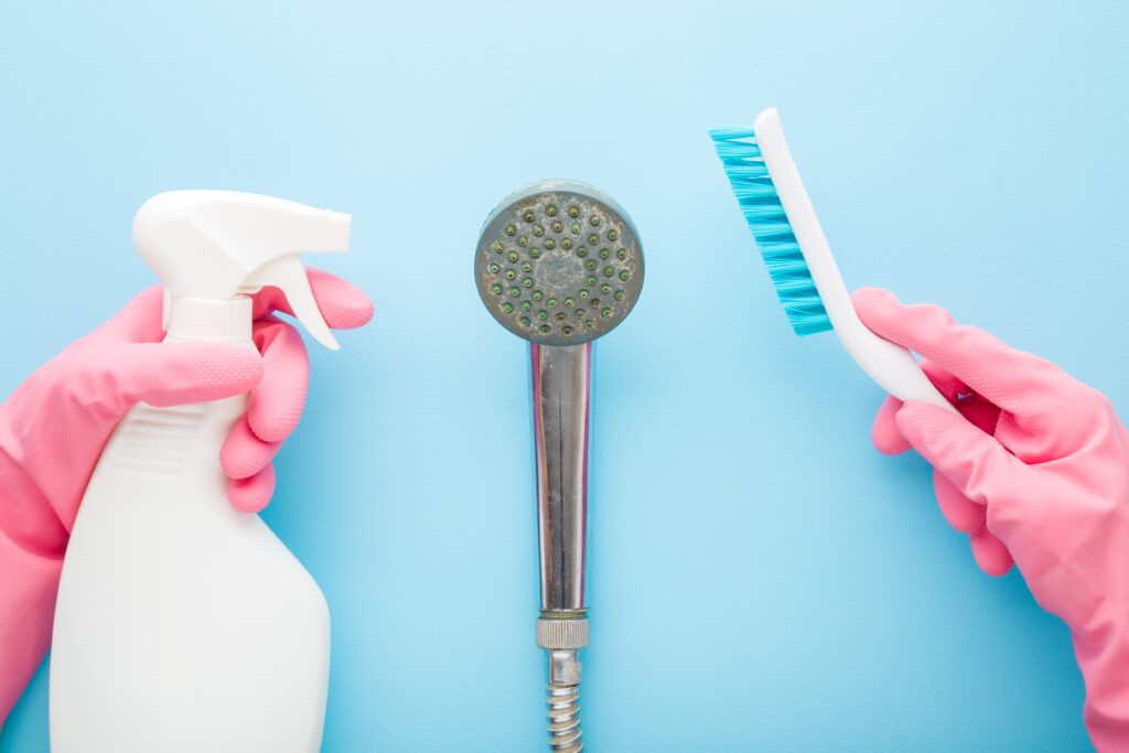 showerhead flanked by two hands, one holding a toothbrush and the other holding a cleaning bottle.  The hand holding the toothbrush appears to be ready to clean the showerhead, while the other hand is holding a cleaning bottle. The background shows a solid blue color. 