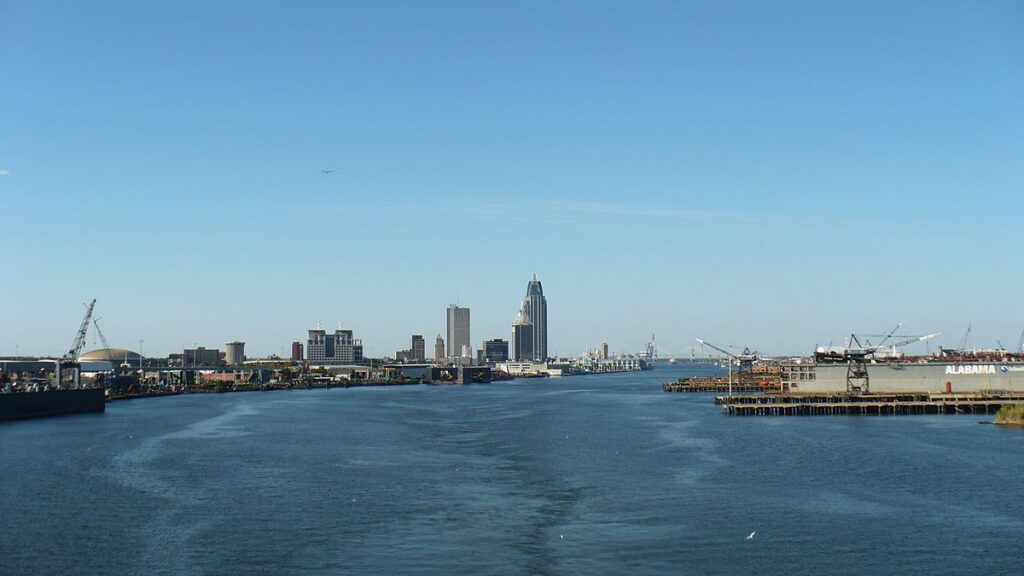 View of downtown Mobile, Alabama, from the Mobile River. 